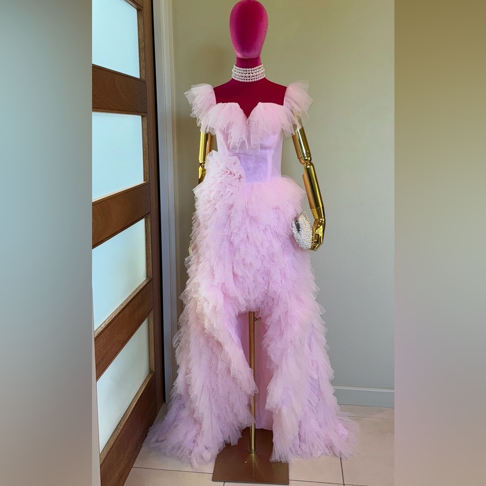 Pink Ruffled Off the Shoulder Prom
Dress with High Slit!  💗